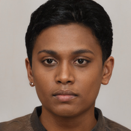 Neutral black young-adult female with short  black hair and brown eyes