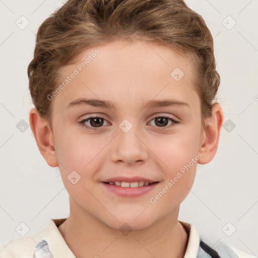 Joyful white child female with short  brown hair and grey eyes