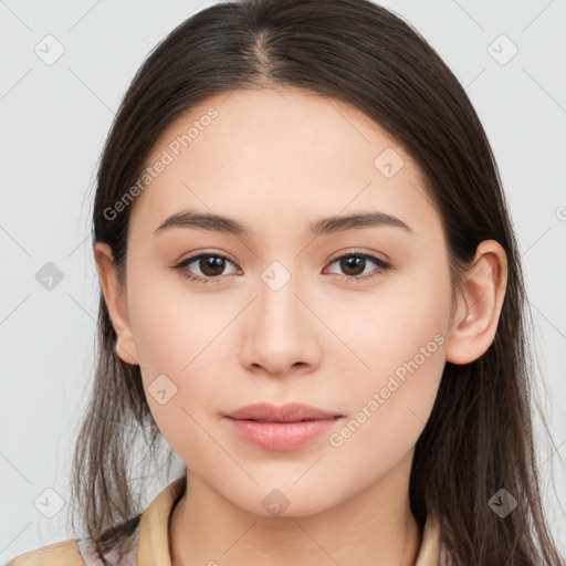 Neutral white young-adult female with long  brown hair and brown eyes