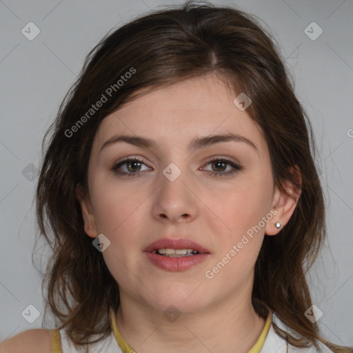 Neutral white young-adult female with medium  brown hair and brown eyes