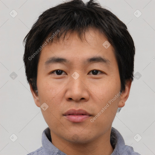 Neutral asian young-adult male with short  black hair and brown eyes