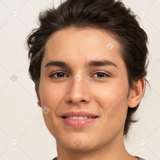 Joyful white young-adult male with medium  brown hair and brown eyes