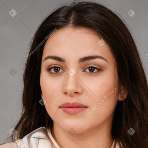 Neutral white young-adult female with long  brown hair and brown eyes