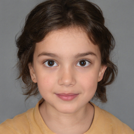 Joyful white child female with medium  brown hair and brown eyes