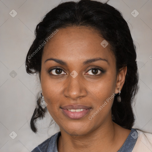 Joyful black young-adult female with medium  black hair and brown eyes