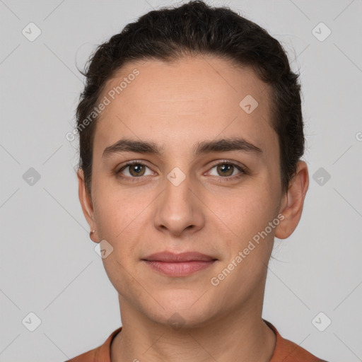 Neutral white young-adult male with short  brown hair and brown eyes