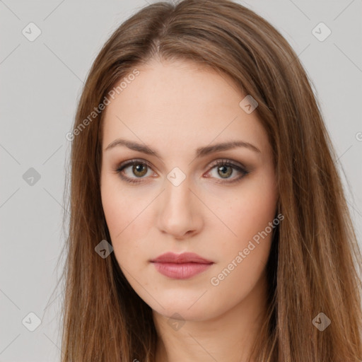 Neutral white young-adult female with long  brown hair and brown eyes