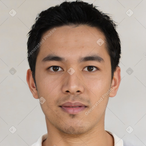 Neutral asian young-adult male with short  black hair and brown eyes