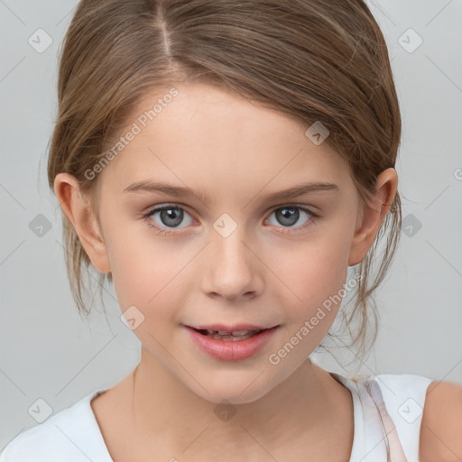 Joyful white child female with medium  brown hair and grey eyes