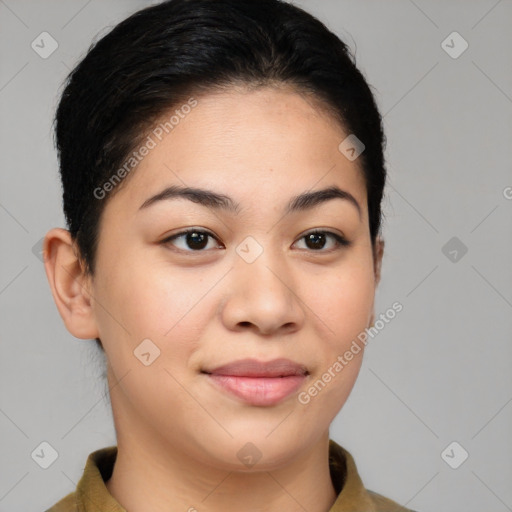 Joyful white young-adult female with short  brown hair and brown eyes