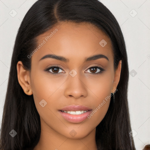 Joyful latino young-adult female with long  brown hair and brown eyes