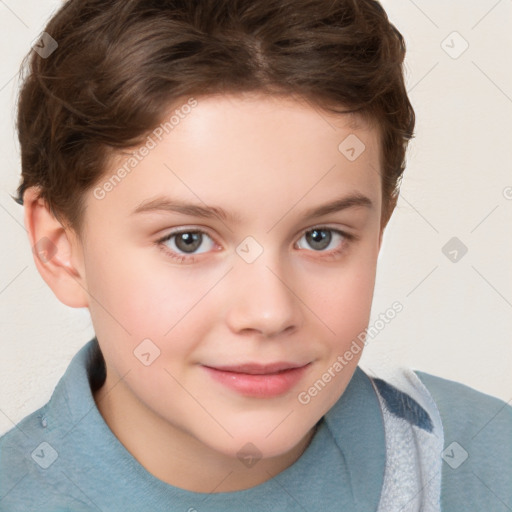 Joyful white child female with short  brown hair and brown eyes