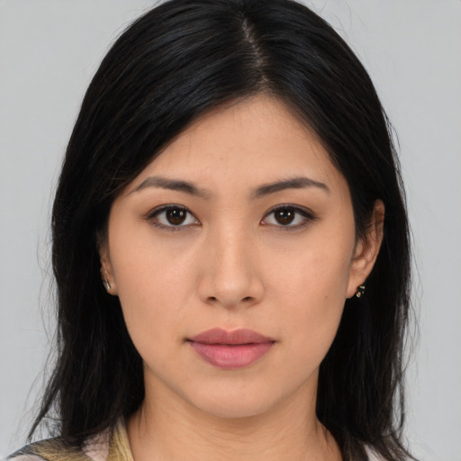 Neutral asian young-adult female with medium  brown hair and brown eyes