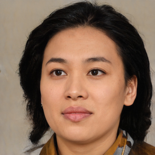 Joyful asian young-adult female with medium  black hair and brown eyes