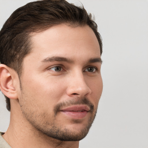 Neutral white young-adult male with short  brown hair and grey eyes