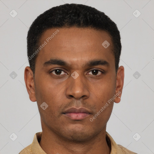 Neutral latino young-adult male with short  black hair and brown eyes