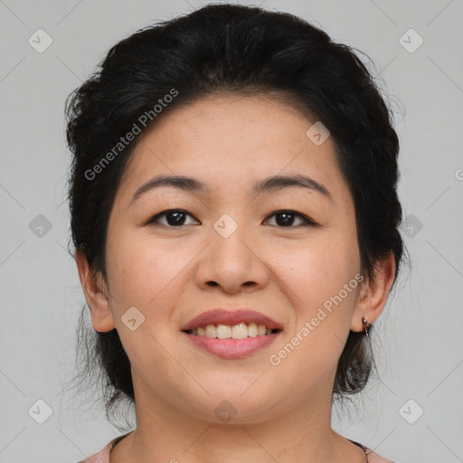 Joyful asian young-adult female with medium  black hair and brown eyes