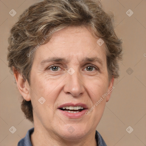 Joyful white adult female with short  brown hair and brown eyes