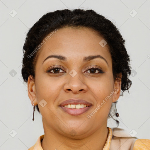 Joyful latino young-adult female with short  brown hair and brown eyes