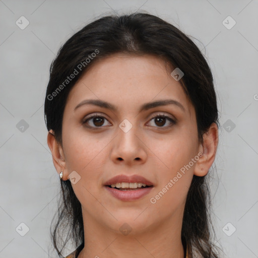 Joyful asian young-adult female with long  brown hair and brown eyes