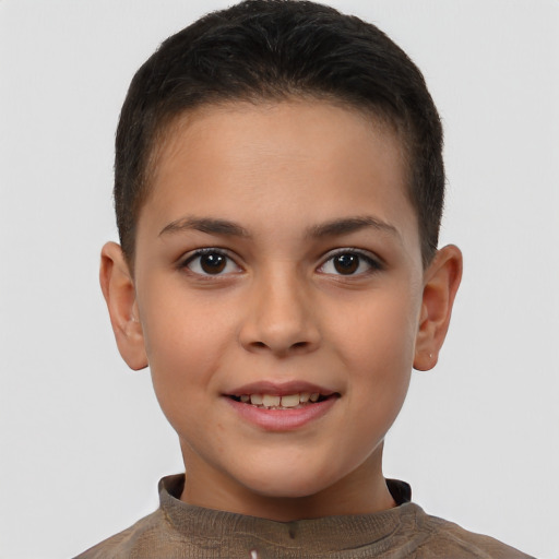 Joyful white child female with short  brown hair and brown eyes