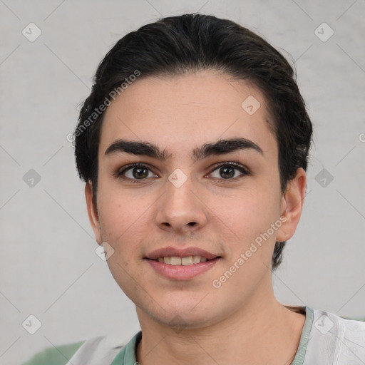 Joyful white young-adult female with short  brown hair and brown eyes