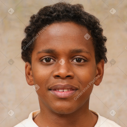 Joyful black young-adult male with short  brown hair and brown eyes