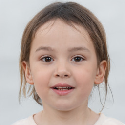 Joyful white child female with medium  brown hair and brown eyes