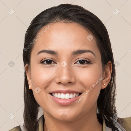 Joyful white young-adult female with long  brown hair and brown eyes