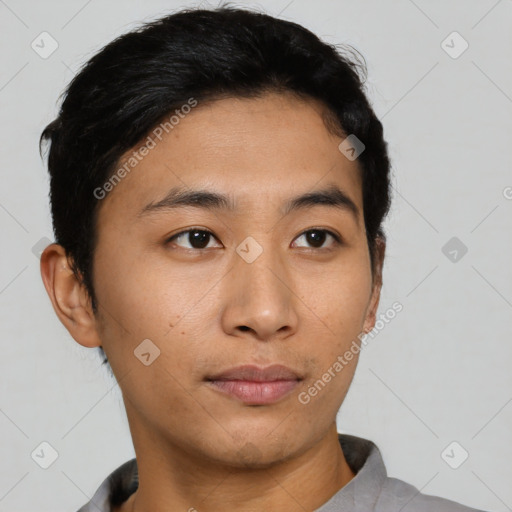 Neutral asian young-adult male with short  black hair and brown eyes