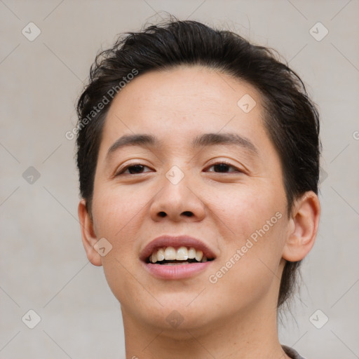 Joyful white young-adult female with medium  brown hair and brown eyes