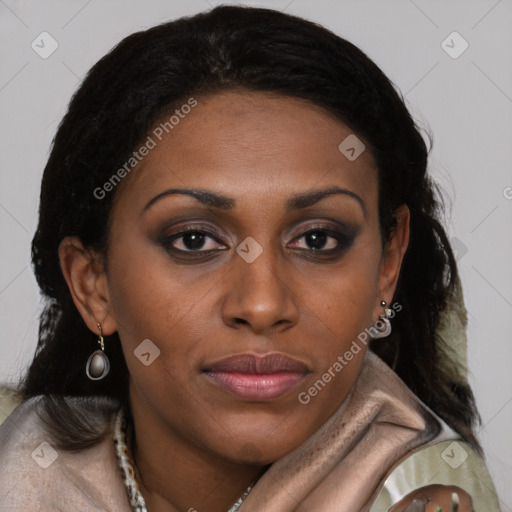 Joyful black young-adult female with medium  brown hair and brown eyes
