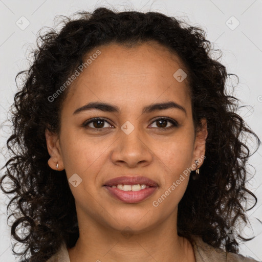 Joyful latino young-adult female with long  brown hair and brown eyes