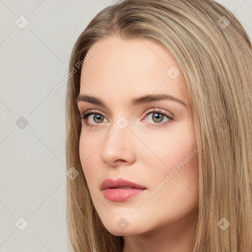 Neutral white young-adult female with long  brown hair and brown eyes