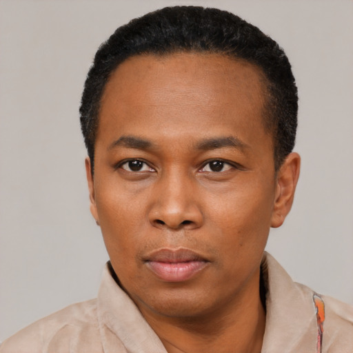 Neutral black young-adult male with short  black hair and brown eyes