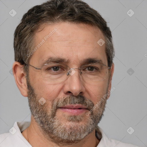 Neutral white middle-aged male with short  brown hair and brown eyes