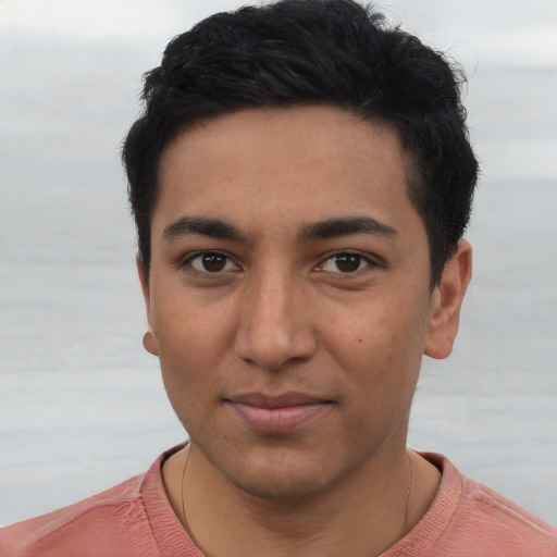 Neutral asian young-adult male with short  black hair and brown eyes