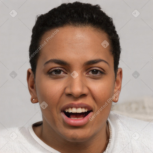 Joyful latino young-adult female with short  brown hair and brown eyes