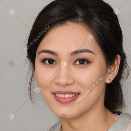 Joyful white young-adult female with medium  brown hair and brown eyes