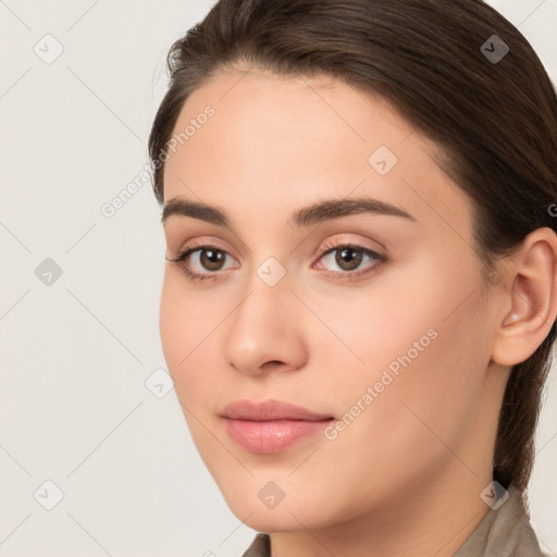 Neutral white young-adult female with medium  brown hair and brown eyes