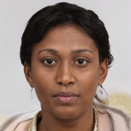 Neutral latino young-adult female with short  brown hair and brown eyes