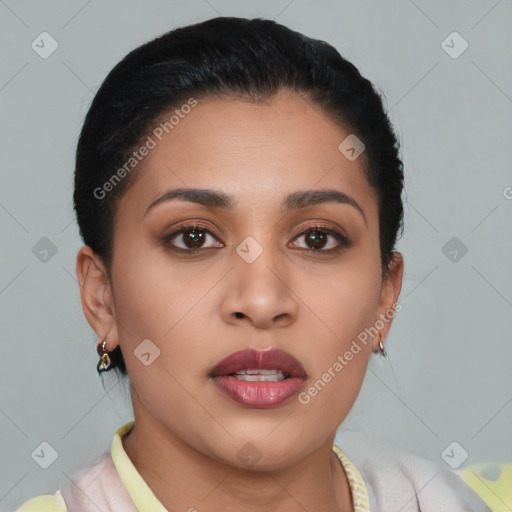 Neutral latino young-adult female with short  brown hair and brown eyes
