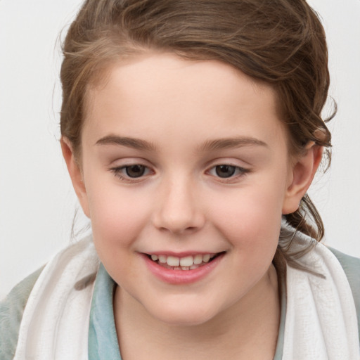 Joyful white child female with medium  brown hair and brown eyes