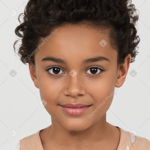 Joyful white child female with short  brown hair and brown eyes