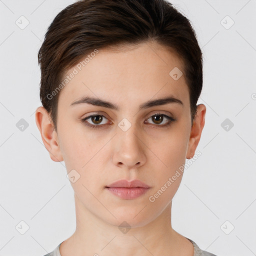 Neutral white young-adult female with short  brown hair and brown eyes