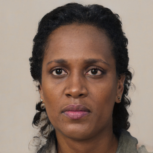 Neutral black adult female with long  black hair and brown eyes