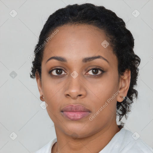 Neutral black young-adult female with short  black hair and brown eyes