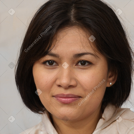 Joyful white adult female with medium  brown hair and brown eyes