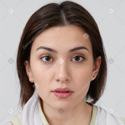 Neutral white young-adult female with medium  brown hair and brown eyes