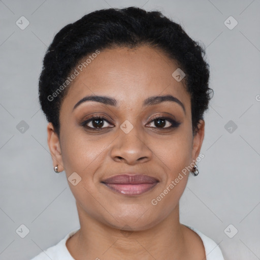 Joyful latino young-adult female with short  brown hair and brown eyes